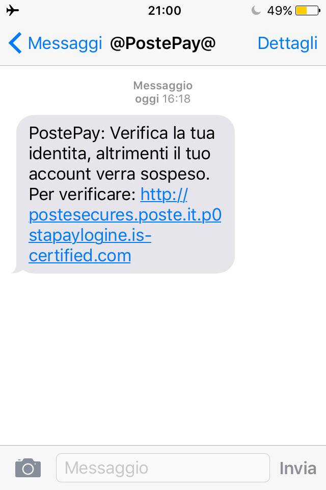 Un sms di phishing